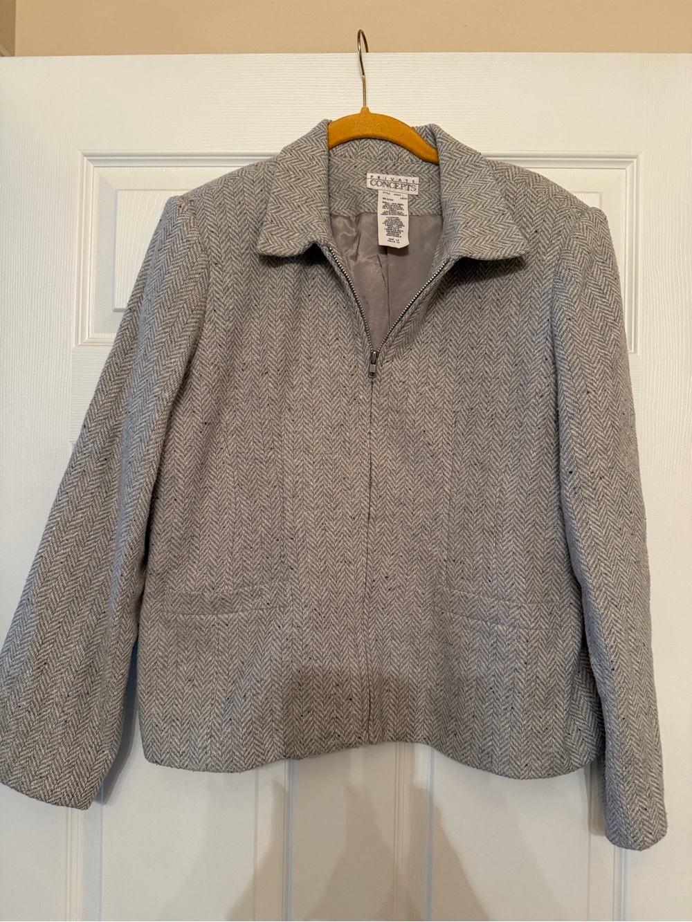 Light Grey Herringbone Zip-Front Women's Blazer Jacket